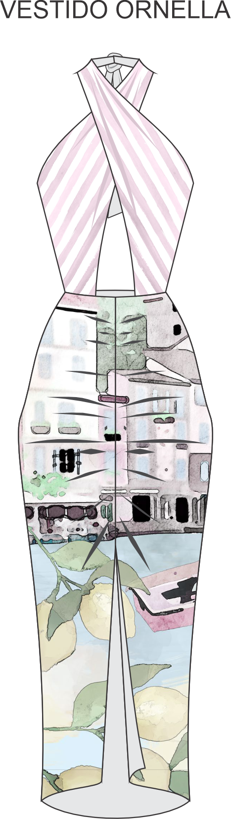 VESTIDO ORNELLA PRINT ITALA RAYAS Y PAISAJE PASTEL